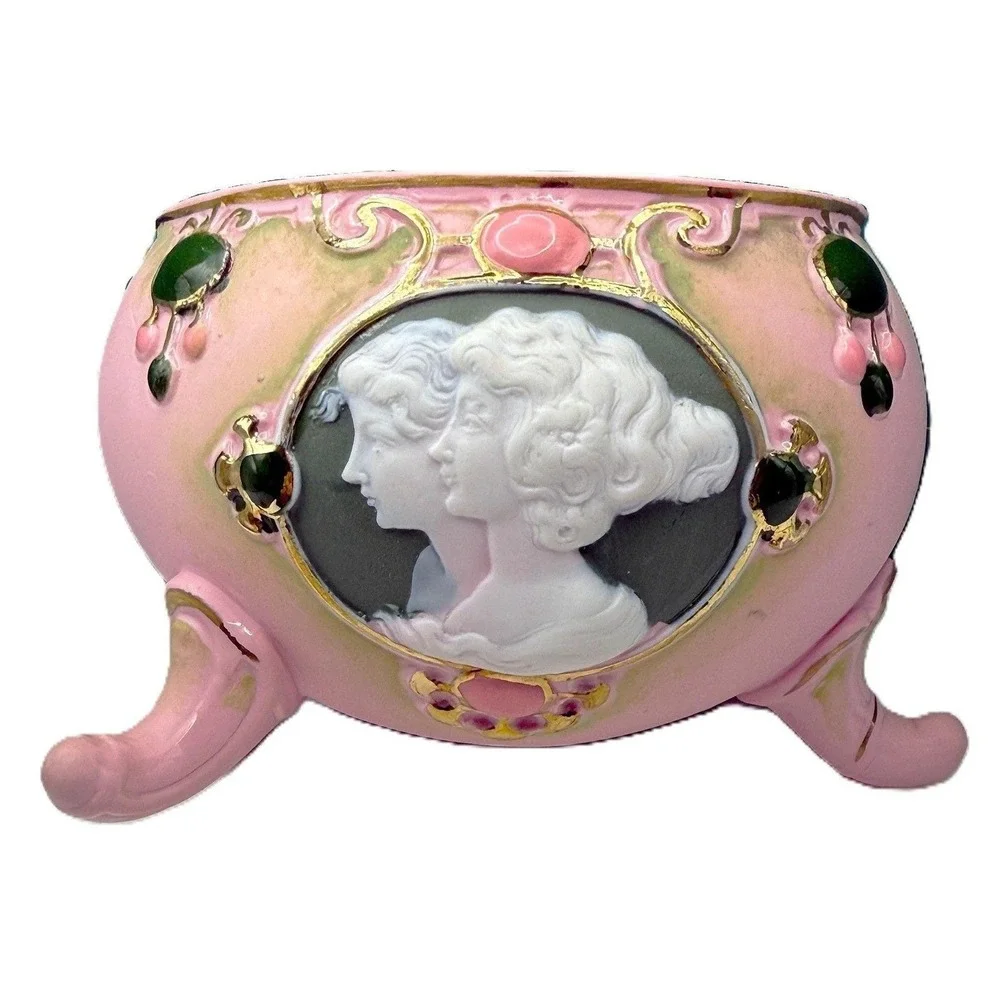 Antique Schafer-Vater Pink Jasperware Vanity Set Oblong Bowl & Crown Star Vase